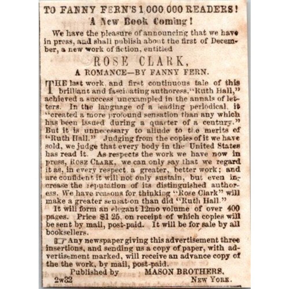 Rose Clark A Romance by Fanny Fern 1855 Portland ME Clipping SAI4-M4